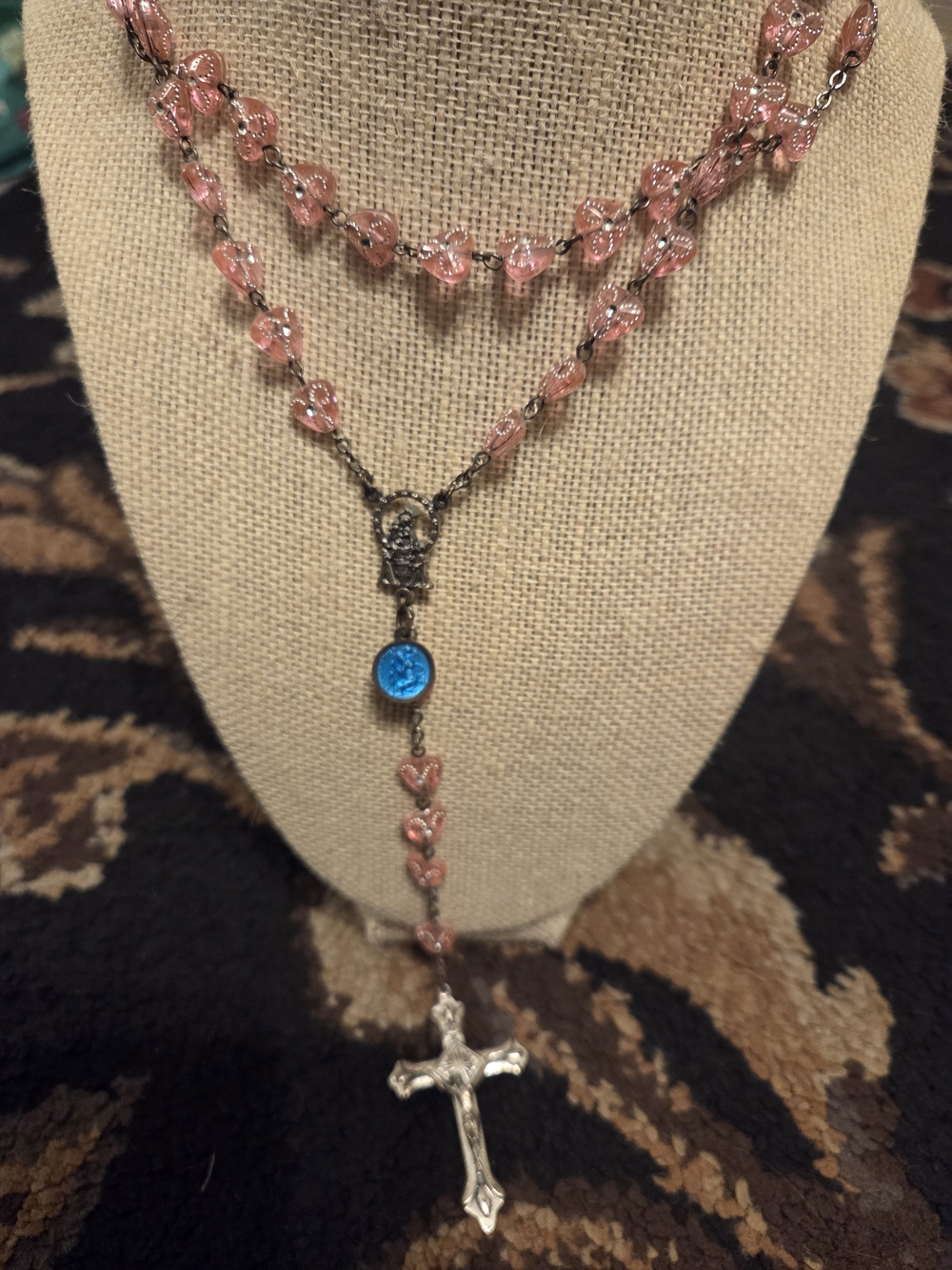 *last Call* Pink Beaded Rosary Necklace with Blue Accent